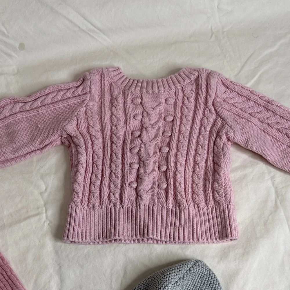 GAP Pink Teddy Coat & Knit Set with Gray Hooded Cardigan